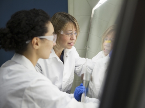 Two women in white lab coats and eye protection look into a hooded vent.