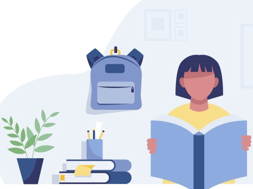 Graphic illustration of student with book and backpack and plant